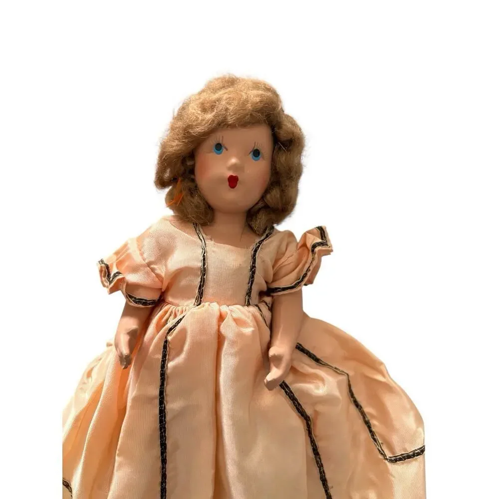 Miss Hollywood Doll 1940s Hand Painted Peach Dress Brown Hair Blue Eyes